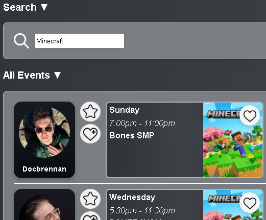 Showing how to search for events, you can search by any day of the week, category, hours, streamer or keywords in the titles.