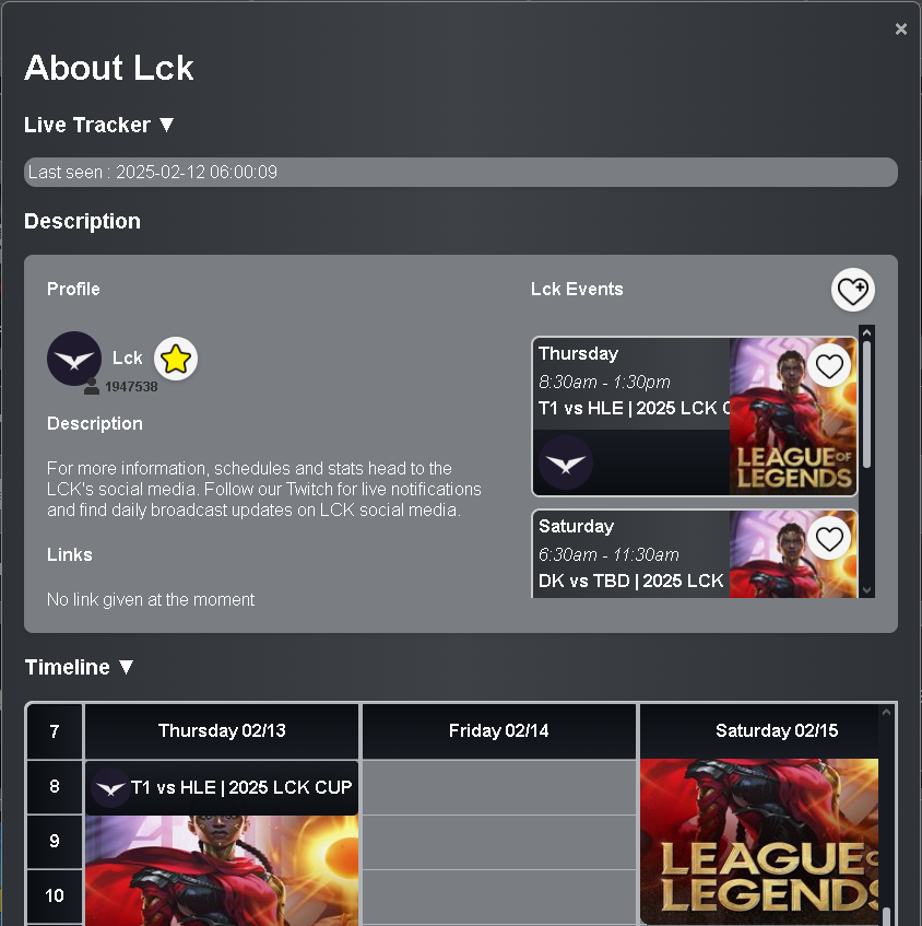 Shows the streamer personnal tab, with his timeline, channel description, and if he's currently live or not.