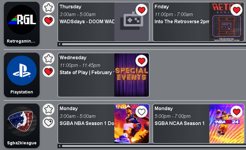 Showing different events. You can select the heart or heart-all buttons to add events to your timeline.